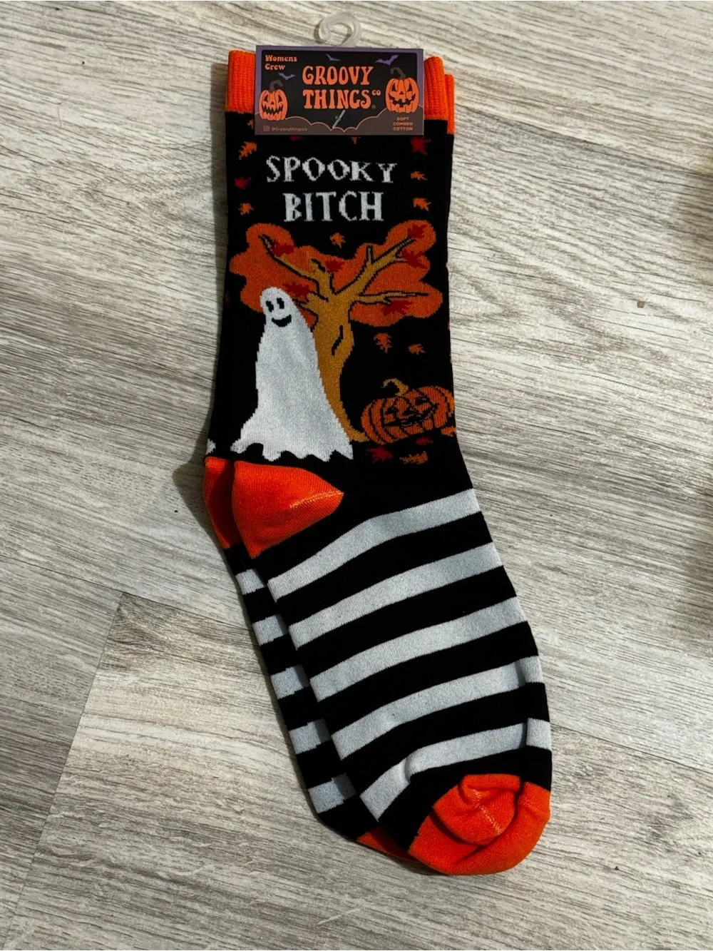Spooky B!tch Halloween Crew Socks - Black & Orange Ghost Design